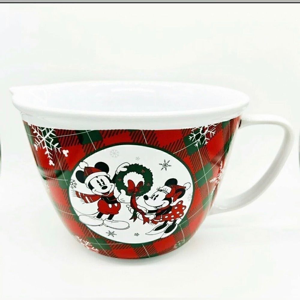 Disney Ceramic Mixing Bowl Mickey Mouse Minnie Christmas Holiday Plaid 10 Cup